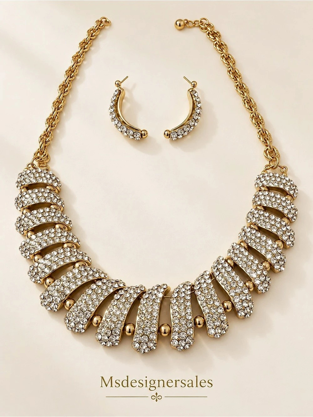 And Lovely Rhinestone Necklace & Earrings Set in Gold